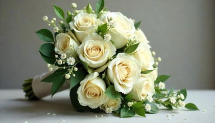 A stunning cascade of ivory roses, cascading greenery, and delicate blooms creates a luxurious and romantic bridal bouquet, perfect for a classic or elegant wedding , beautiful, pretty