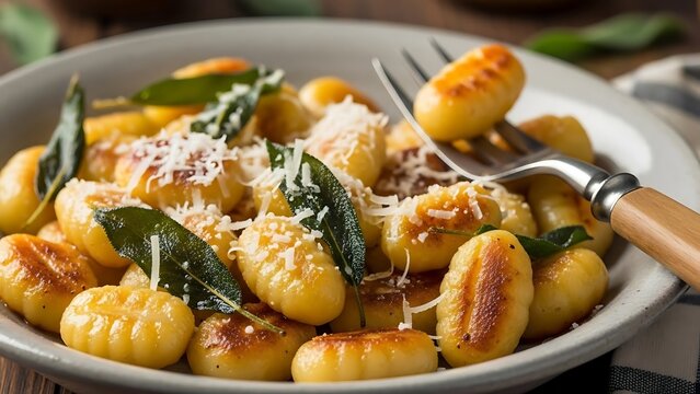 Golden potato gnocchi pan-fried with fresh sage leaves and grated parmesan cheese