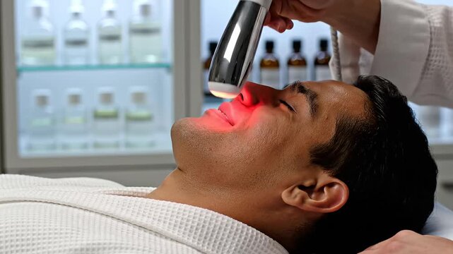 Male client undergoing professional photodynamic therapy session using led light device for skin rejuvenation and anti-aging in luxury spa clinic.