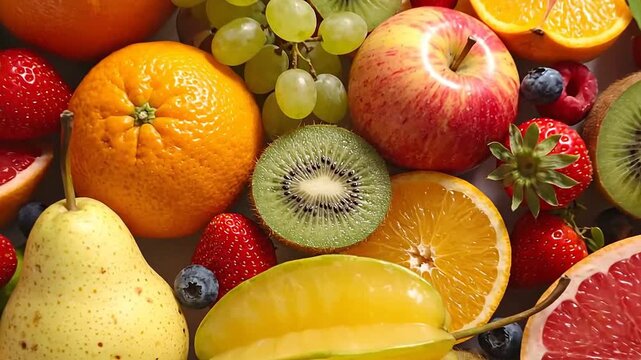 Overhead shot shows a colorful assortment of fresh fruits, including citrus, berries, and tropical varieties, creating