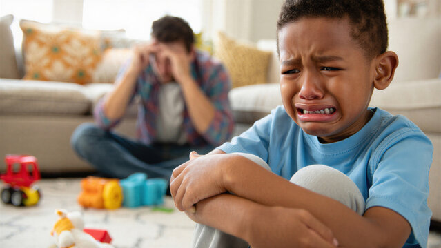 Stressed single parent and crying child at home, concept of emotional burnout, parental anxiety, childhood trauma, mental health crisis, parenting challenges and family relationship struggle