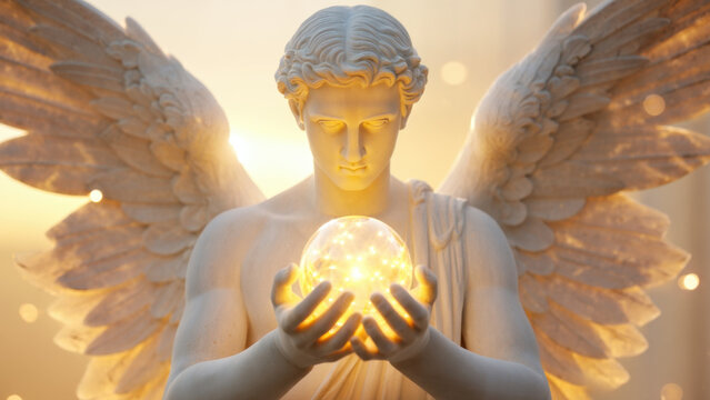 Ethereal angelic statue with cosmic illuminated orb in hands, celestial light emanating from wings, divine representation in tranquil golden glow, spiritual and mystical ambiance