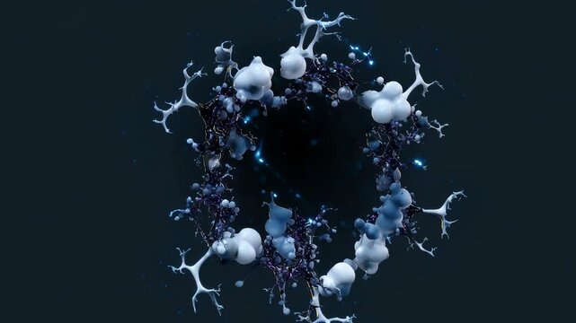 An abstract ring-shaped structure of white droplets and dark branching outgrowths pulsates and expands in dark space, emitting small glowing particles