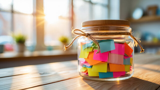 Glass gratitude jar with colorful paper notes on wooden table in cozy sunlit room, daily positive affirmations, thankful thoughts, mindful reflection, happiness habit, self care emotional wellbeing