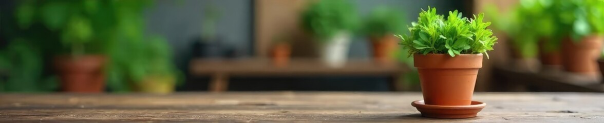 A vibrant green potted plant, thriving in a terracotta pot, sits on a rustic wooden table against a blurred background Perfect for home decor, gardening, or spring themes , leaf, growth, botany