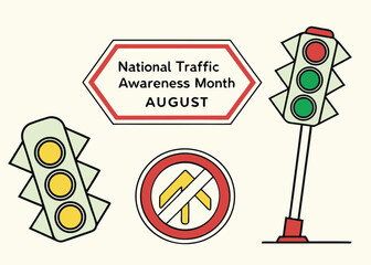 Traffic Safety Awareness: An illustrative composition promoting the National Traffic Awareness Month in August, featuring symbolic representations of road safety measures