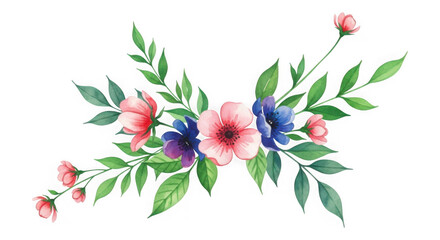 Fototapeta premium Vibrant watercolor floral arrangement with green leaves isolated on transparent background