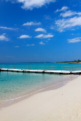 Fototapeta premium Tropical Beach with Pier and Turquoise Sea Under Blue Sky 青空の下、エメラルドブルーの海と桟橋のある南国ビーチ