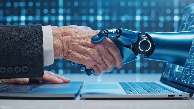 A human hand and a robotic hand shaking, emerging from laptop screens, symbolizing collaborative artificial intelligence. The futuristic digital network background highlights advanced