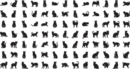 Cute Black Cat Silhouette Vector Set Isolated on White Background