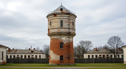 Old brick and stucco water tower with a metal ladder under an overcast sky.