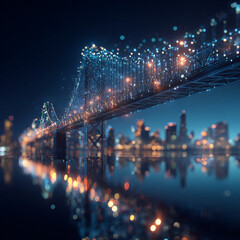 Bridge made of connecting light particles spans over calm river, reflecting vibrant cityscape at night. scene is illuminated with glowing lights, creating magical and futuristic atmosphere