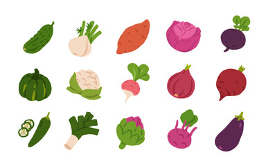 Fototapeta premium Flat Cartoon Vegetable Set. Fresh Farm Vegetables Icons Collection, Colorful Healthy Food Illustration, Organic Veggies Vector for Market, Menu, Packaging