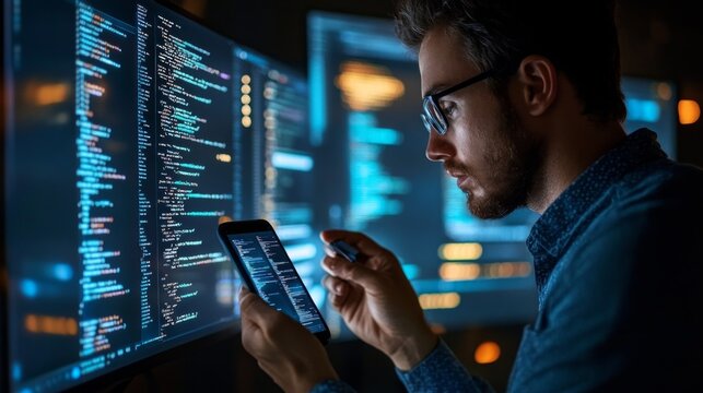 A focused programmer studies code on the screen and on their phone, conveying the dynamics of the modern IT sphere, which is relevant as the main background for technology blogs or start-ups.
