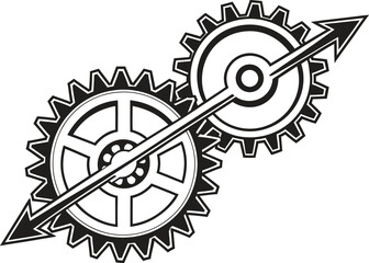 Gears in motion: An artistic illustration of two interconnected gears, with an arrow symbol to demonstrate the mechanical linkage and directional movement.