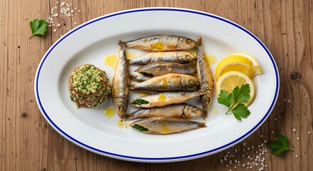 Freshly prepared fried fish with herbs and lemon served on a plate.