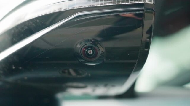 Slow Motion shot of an under the side mirrow camera and ADAS sensor mounted on a modern electric vehicle in China.