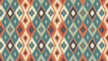 Vibrant ethnic ikat fabric pattern with colorful geometric diamond shapes for traditional textile and fashion design backgrounds.