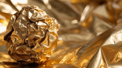 Crumpled Gold Foil Ball on Left with Smooth Metallic Copy Space