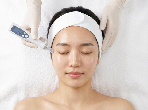 피부과에서 MTS 마이크로니들링 시술을 받는 젊은 한국 여성의 얼굴 클로즈업