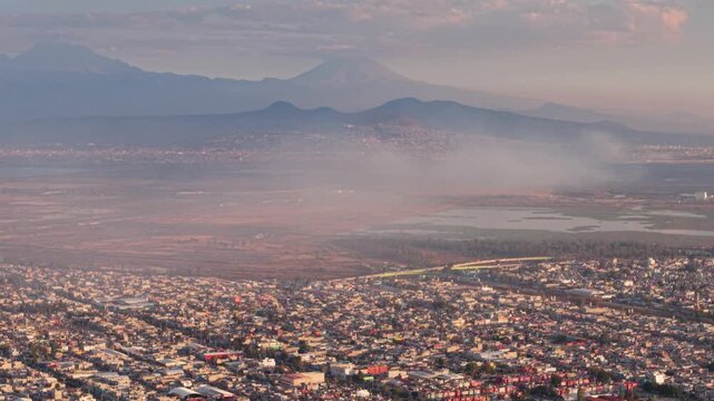 Drone footage showing Lake Texcoco area during fire event