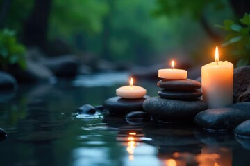 Candles illuminate a peaceful scene, soft light casting gentle shadows on smooth stones and flowing water Perfect for meditation, yoga, or spiritual reflection imagery , holistic, spiritual