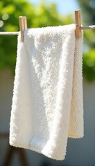 Close-up of a fluffy, white bath towel hanging to dry on a clothesline, sunlight illuminating its texture Freshly laundered and soft, ready for use after a shower or bath , home, washing