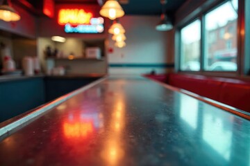 Close-up of gleaming stainless steel diner countertop, reflecting bright lights; classic chrome details visible Perfect for retro, vintage, or industrial design themes , diner, smooth