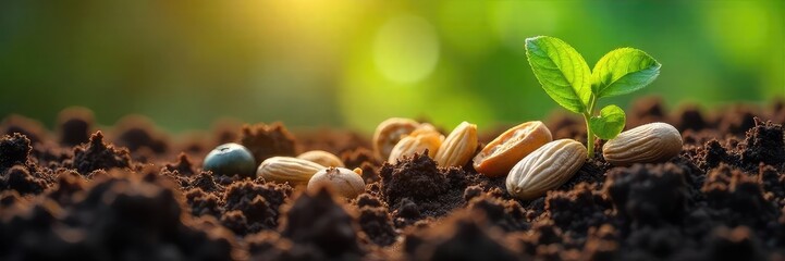 Close-up view of diverse seeds nestled in rich, dark soil, ready for planting Sunlight gently illuminates the scene, highlighting the potential for growth and life , dirt, rural, germination