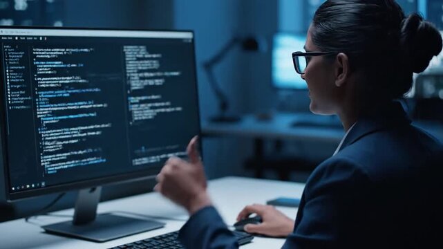 Female software developer engrossed in complex code development on a high-resolution monitor, showcasing dedicated focus and expertise in modern digital programming and information technology