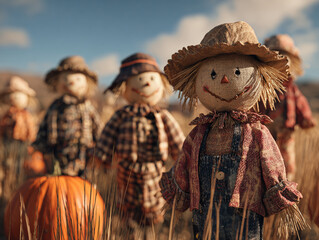 Fototapeta premium Smiling scarecrows in a field with a pumpkin, autumn harvest theme
