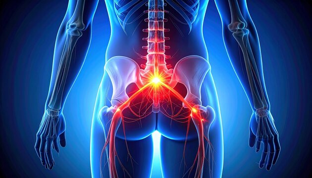 Medical illustration of lower back and legs highlighting sciatic nerve pathway in red with glowing pain point