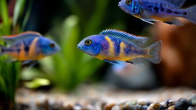 Colorful cichlid fish swimming in an aquarium with aquatic plants