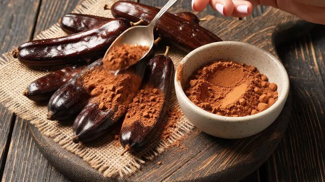 Carob Pods and Powder on Rustic Wood