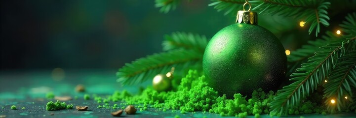 Festive yet slightly spooky, a Christmas ornament overtaken by vibrant green mold Perfect for Halloween or unconventional holiday decor Spooky, fun, contrasting textures , season, rot