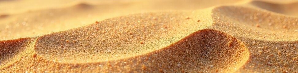 Fine, smooth shoreline sand texture, golden brown hues, glistening under sunlight Perfect for travel, nature, summer, beach backgrounds Close-up detail reveals natural grain and texture , wave, sun
