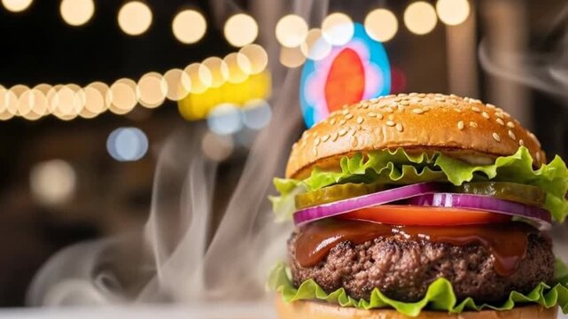 Several delicious looking hamburgers are displayed on a table with a blurred background of lights, creating an inviting