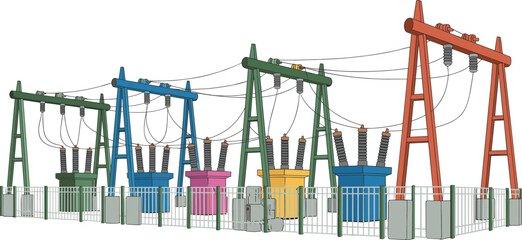 Colorful electrical power substation illustration isolated on white background, high voltage transformers and transmission lines, energy distribution infrastructure concept