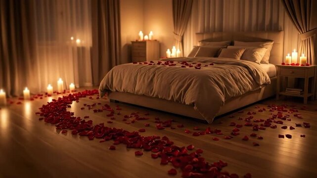 Romantic bedroom setup with rose petals and candles around a bed for Valentines day celebration or special occasion.