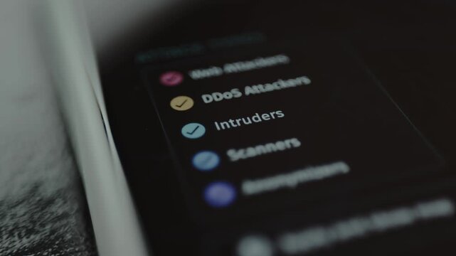 List of different types of cyberattacks displayed on a digital screen