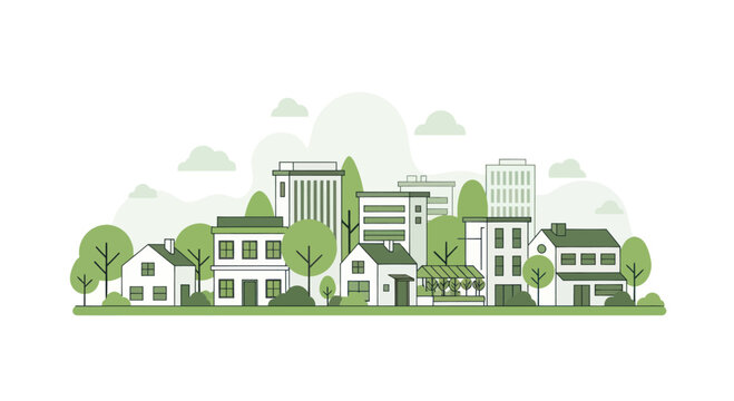 Green Cityscape Illustration with Modern Buildings and Houses, Trees, and Clouds