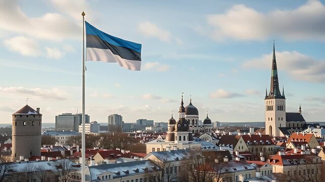 Estonian flag waving above historic Tallinn rooftops