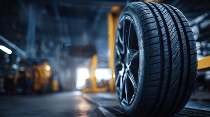 Car tire with modern alloy wheel showing deep tread, positioned in a professional automotive workshop area, highlighting vehicle maintenance and industry