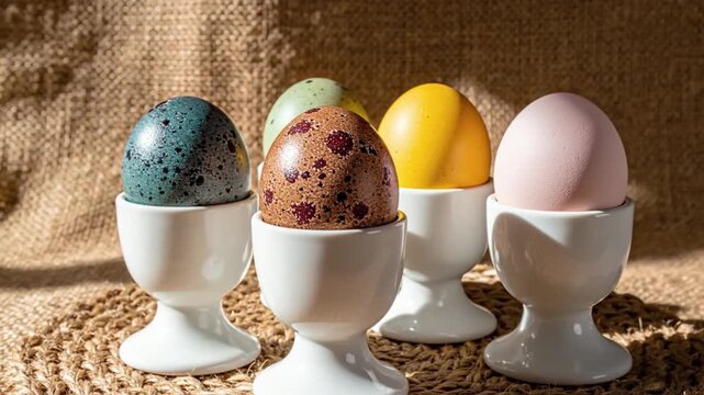 Five colorful speckled eggs sit in white egg cups against a textured beige backdrop