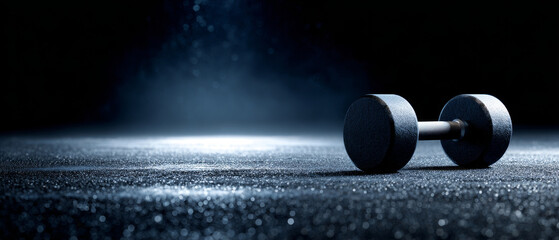 Dumbbell rests on textured floor under dramatic lighting, symbolizing beginning of fitness journey. scene conveys determination and focus in gym setting