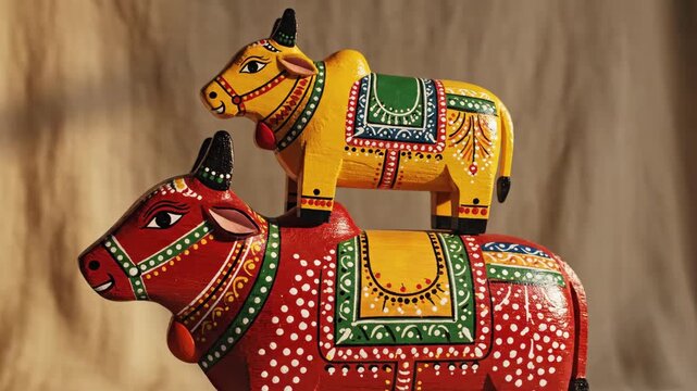 Colorful decorative cows on display representing cultural significance and tradition. Vibrant cows symbolize blessings, showcasing intricate details and artistry.