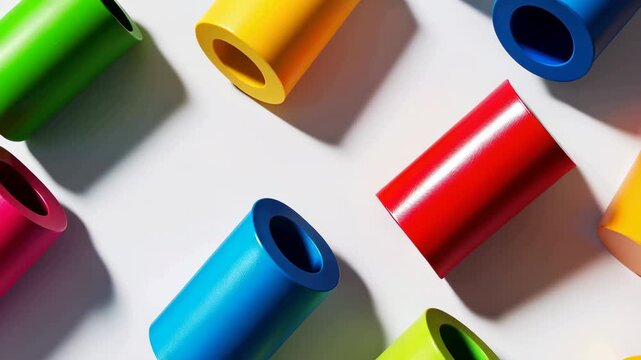 Colorful matte cylinders sliding on white surface with hard shadows in geometric flat lay