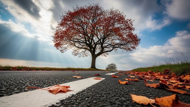 Lone red maple tree with sun rays and storm clouds over asphalt road, low angle wide lens landscape