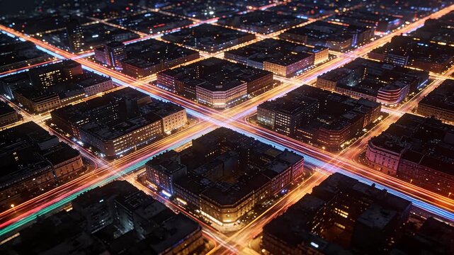 Night aerial view of city skyline with traffic light trails and urban buildings