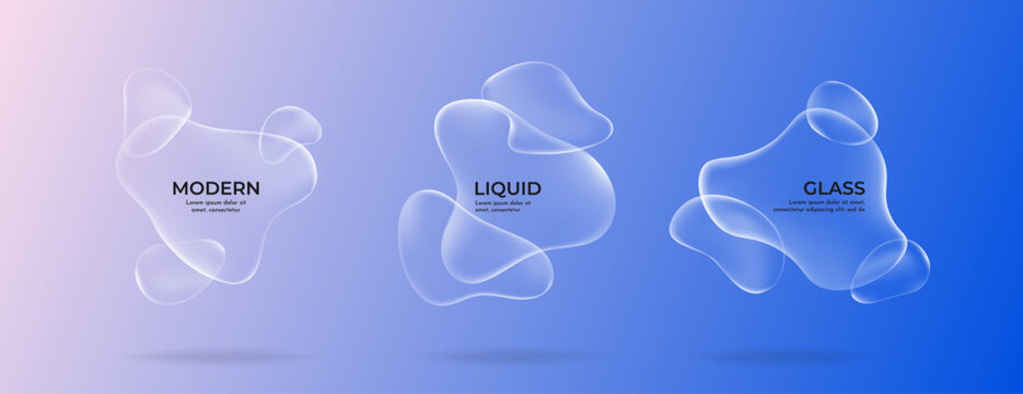 Vector illustration. Abstract set of liquid glass shapes with realistic transparency and glossy highlights. Modern organic fluid forms on a blue gradient background. Design for web banner advertising